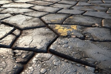 Worn Asphalt Texture: Cracked and worn asphalt pavement with an uneven and gritty texture.