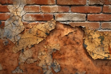 Fototapeta premium Weathered Brick Wall: A close-up of a worn and cracked brick wall, showcasing the gritty texture and aged character. 