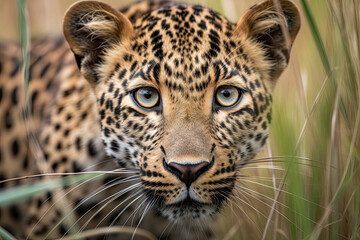 a leopard that is looking at the camera and it's very close up to the camera with its eyes wide