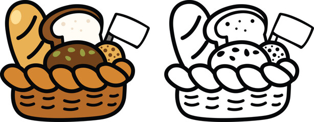 Illustration of isolated colorful and black and white basket with fresh bred  for coloring book