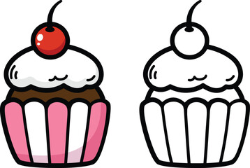 Illustration of isolated colorful and black and white cupcake for coloring book