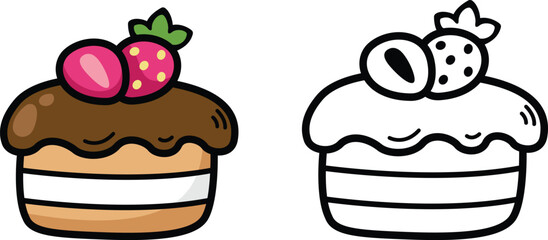 Illustration of isolated colorful and black and white chocolate cake decorated with strawberry for coloring book