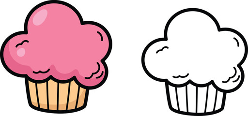 Illustration of isolated colorful and black and white cupcake for coloring book