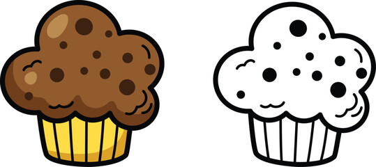 Illustration of isolated colorful and black and white cupcake for coloring book