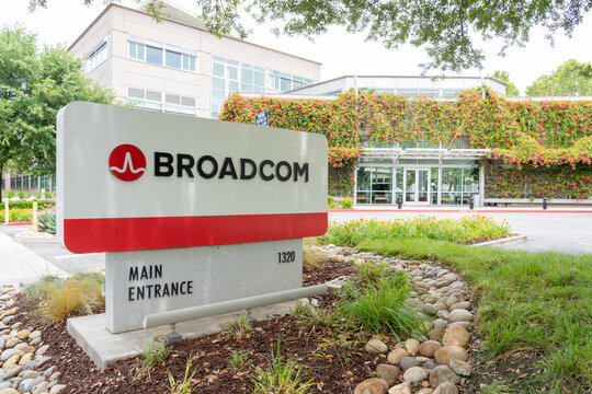 Broadcom headquarters in San Jose, California, United States - June 10, 2023. Broadcom Inc. is an American multinational company that designs, develops, and supplies various semiconductor devices. 