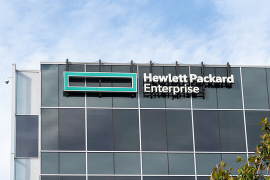 Close up of Hewlett Packard Enterprise logo and sign on the building in San Jose, Ca, USA on June 10, 2023. The Hewlett Packard Enterprise is an American multinational information technology company. 