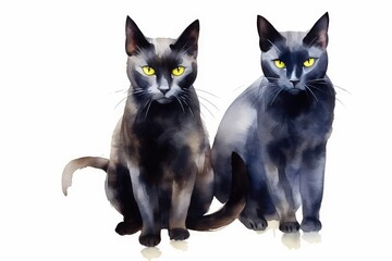 Black cats with glowing eyes and arched backs on white background.