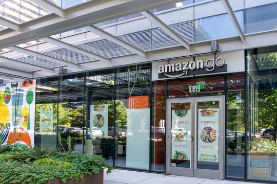 An Amazon Go store in Seattle, Washington, USA - June 15, 2023. Amazon Go is a chain of convenience stores. 