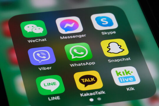 Shanghai,China-June 13st 2023: WhatsApp,LINE,Viber,WeChat,KaKaoTalk,Messenger,Skype,Snapchat,Kik Messenger App icon on screen. Assorted instant communication software application 