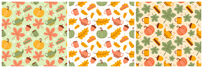 Set of Autumn Seamless Pattern Illustration Element Panoramic of Maple Trees Fallen in Cartoon Template Hand Drawn