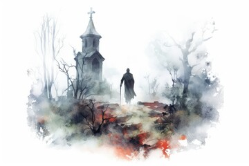 A bloodcurdling image of a ghostly figure emerging from a misty graveyard. 