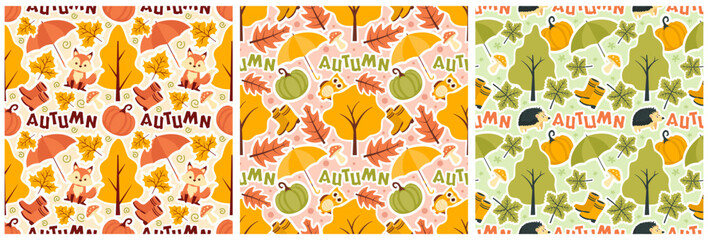 Set of Autumn Seamless Pattern Illustration Element Panoramic of Maple Trees Fallen in Cartoon Template Hand Drawn