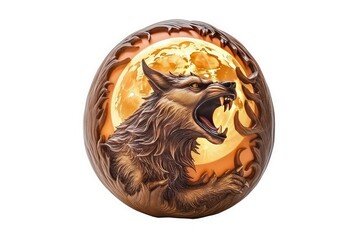 A pumpkin carved with the image of a howling werewolf, with a full moon in the background.
