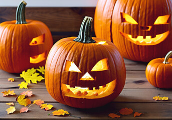 Fototapeta premium Halloween pumpkin head jack o lantern, close up. Generative AI.