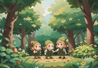 Toy dwarves in forest. Cute figures of garden gnomes in woodland. Generative AI.