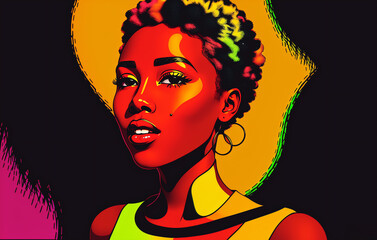 Beautiful african american woman in pop art style. Generative ai