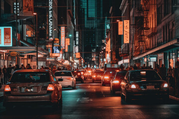 cars driving down the street at night with people walking on the sidewalk and buildings in the back ground behind them