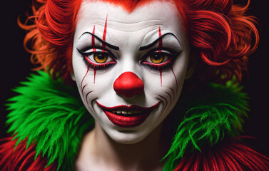 Portrait of a women clown with red hair on a black background. Generative AI.