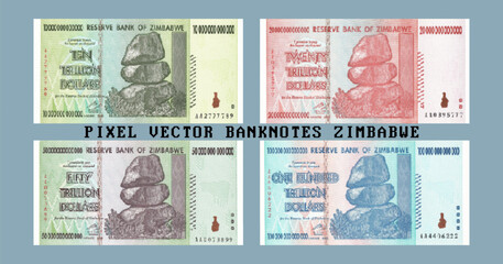 Vector pixel mosaic set of obsolete banknotes of Zimbabwe. Denominations of 10, 20, 50 and 100 trillion dollars. Obverse bills.