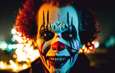 A creepy inducing clown on the background of a burning city. Horror clown monster