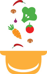 Illustration of a soup pot icon and some vegetables