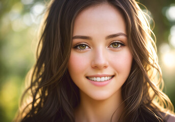Fototapeta premium A beautiful girl with long hair poses against the background of a forest on a summer day. Generative AI.