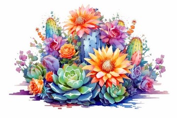 Blooming Cactus with Colorful Flowers illustration on white background.