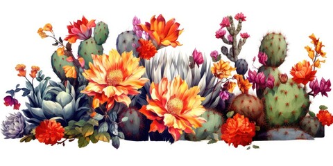 Fototapeta premium Blooming Cactus with Colorful Flowers illustration on white background.