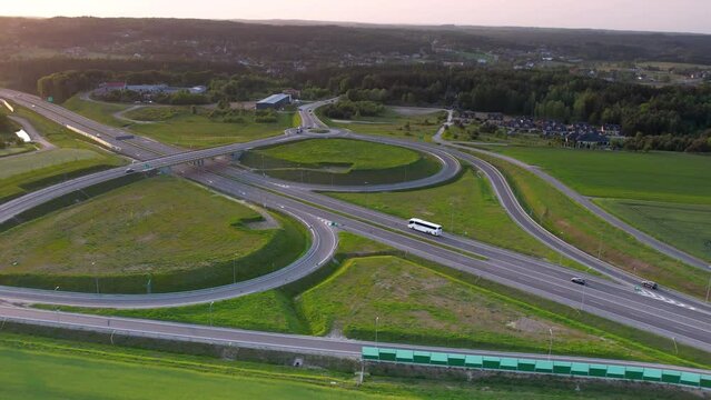Aerial View Of Highway Road S6 In Kielno Gdynia, Poland During Golden Hour Sunset. Tracking Shot