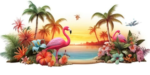 Fototapeta na wymiar tropical island with palm trees and birds