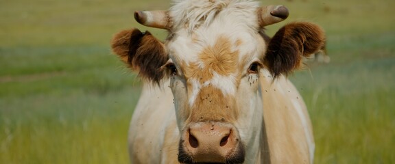 On a sunny summer day, a spotted cow nods its head and grazes on the green meadow.Its beautiful brown eyes and funny horns are clearly visible in close-up.The super close-up shot makes it even cooler
