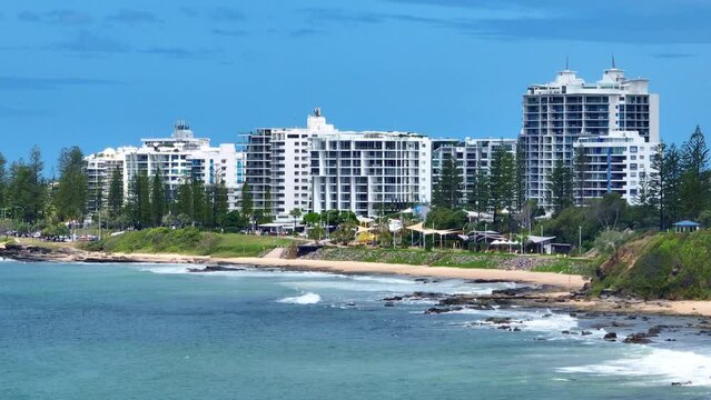 Drone View Of Mooloolaba Esplanade With Beachfront Blue Ocean, Telephoto Australia 4K