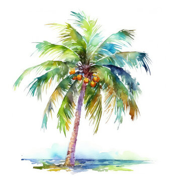 coconut tree watercolor vibrant color isolated on white background