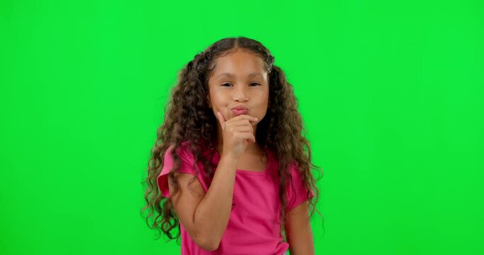 Thinking, kid wondering and green screen with youth, decision and choice of girl. Young child, doubt and confused with face and idea with concentration, planning and contemplation of kids alone