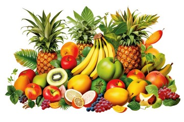 Exotic Fruits and Tropical Delights illustration on white background.