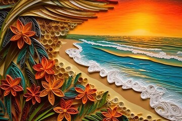  3D Sunrise Beach Landscape with some tropical flowers on foreground made from colorful paper in quilling style.