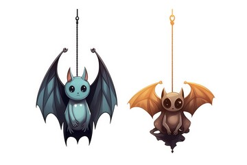 Ghost and Bat Hanging Decorations illustration on white background.