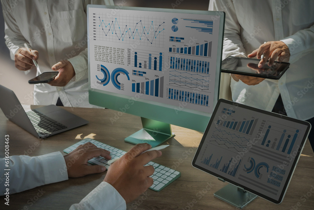 Poster work hard data analytics statistics information business technology.