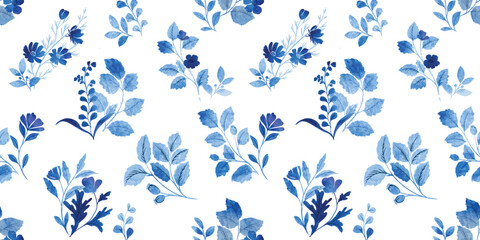 seamless Indigo blue flower and leaf decoration with water color texture.  - 616008420
