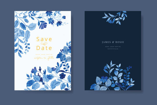 Navy Blue Luxury Wedding Invitation, floral invite thank you, rsvp modern card Design in indigo watercolor flower with  leaf greenery  branches decorative Vector elegant rustic template