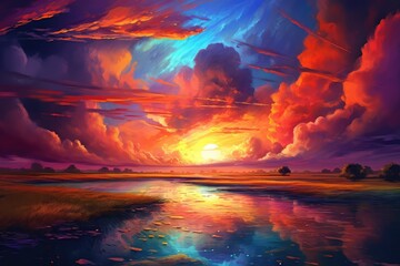 Fototapeta na wymiar Sunrise Sky: The sky is a breathtaking canvas of vibrant colors, transitioning from shades of deep purple and magenta near the horizon to hues of orange, pink, and golden yellow as the sun ascends 