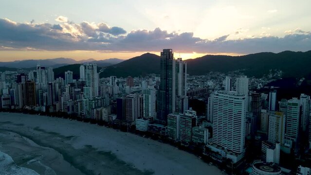 Aerial view of Balneario Camboriu at sunset from the beach