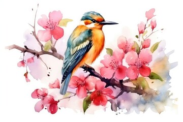 Watercolor Bird with Blossoming Branch on white background.