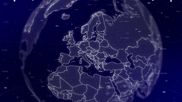 A cinematic video background showcases a digital globe rotating, zooming in on Hungary country. Data analysis Technology Globe rotating on Hungary Country data analysis technological background