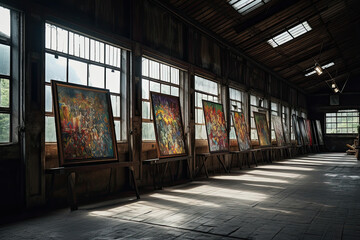 paintings hanging on the wall in an old building with sun shining through windows and sunlight streaming through the window panes