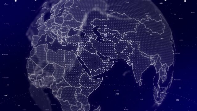 A cinematic video background showcases a digital globe rotating, zooming in on Qatar country.Data analysis Technology Globe rotating on Qatar Country data analysis technological background