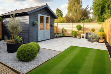A general view of a back garden with artificial grass, grey paving slab patio, flower bed with plants, timber fences, blue shed, summer house garden timber outbuilding - obrazy, fototapety, plakaty