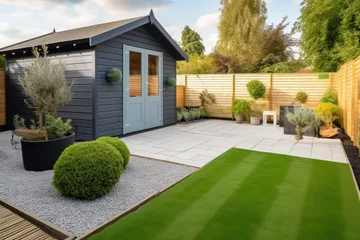 Foto op Plexiglas A general view of a back garden with artificial grass, grey paving slab patio, flower bed with plants, timber fences, blue shed, summer house garden timber outbuilding © Kien