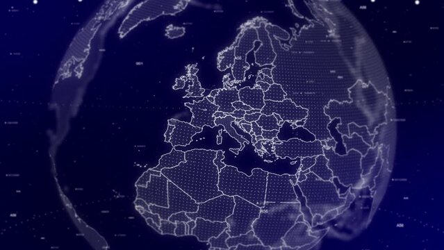 A captivating cinematic video background showcases a digital globe rotating, zooming in on Italy | A Digital globe rotating in on Italy country commercial video background in 4K | Europe