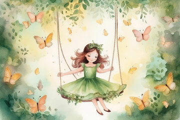 Obraz na płótnie Canvas Cute Little Princess Swing. Butterflies, Watercolor, generative AI